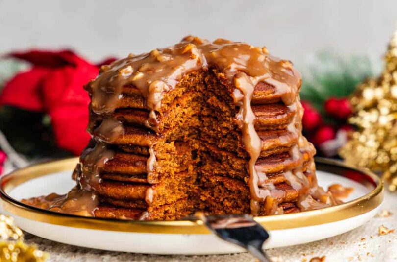 Gingerbread Pancakes with Butter Pecan Syrup